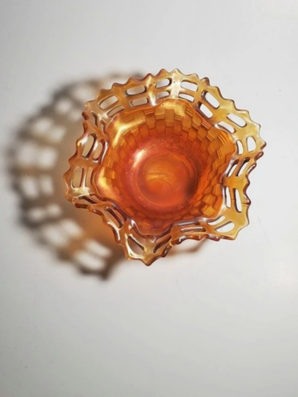 FREE with Purchase Fenton Open Edge Basket Weave Bowl Amber Orange Art Glass
